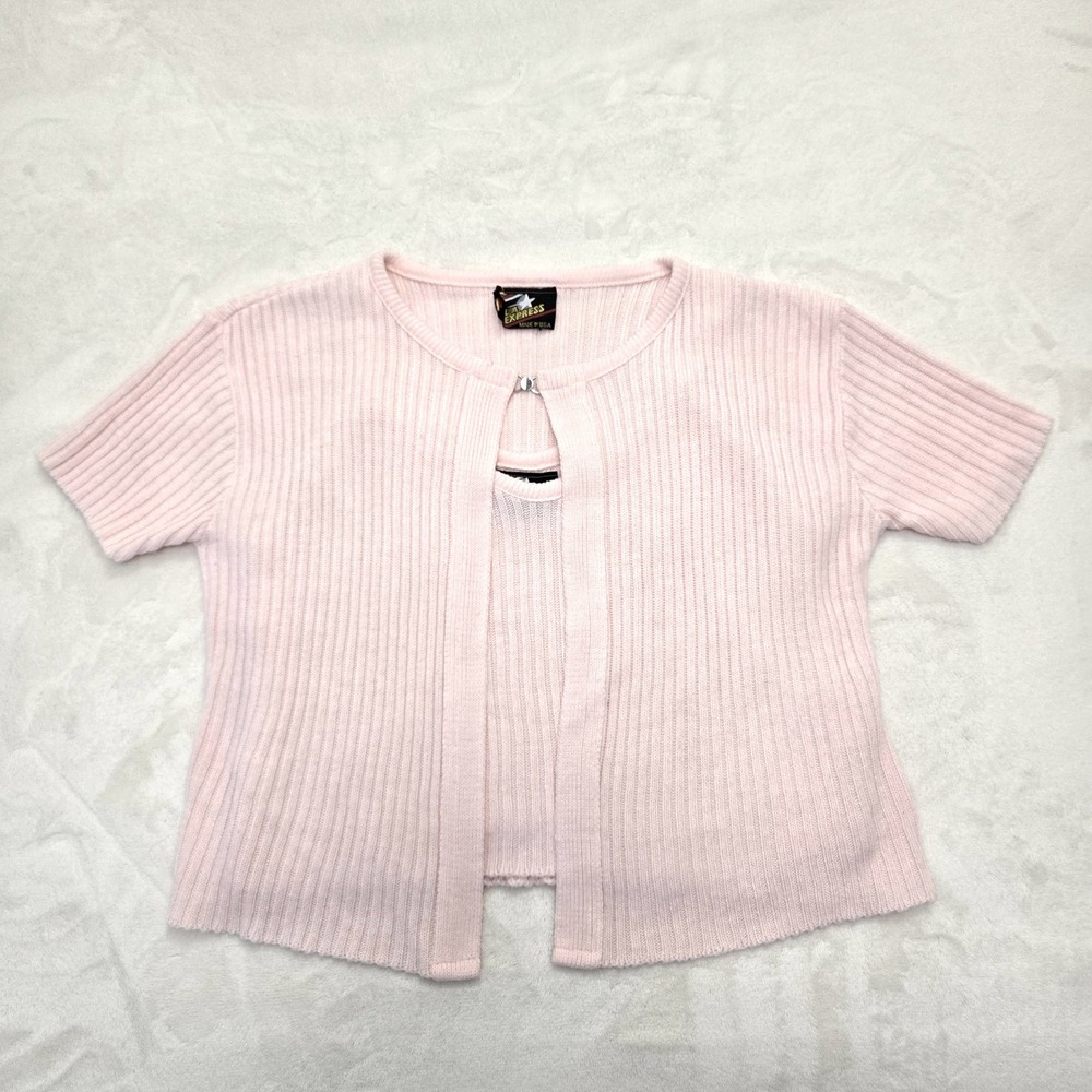 LA‎ Express Vintage 90s Pink Ribbed Short Sleeve Knit Cardigan Tank Set Medium